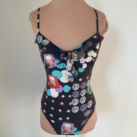SHAN Strappy Back Rosette Tulle Trim Black Multi Rose Print One Piece Swimsuit 8 - Picture 1 of 11